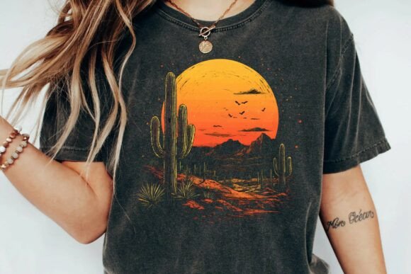 Download Vintage Desert Sunset Cactus Mountain Retro Graphic T-Shirt Design Png - Mountain Collection
